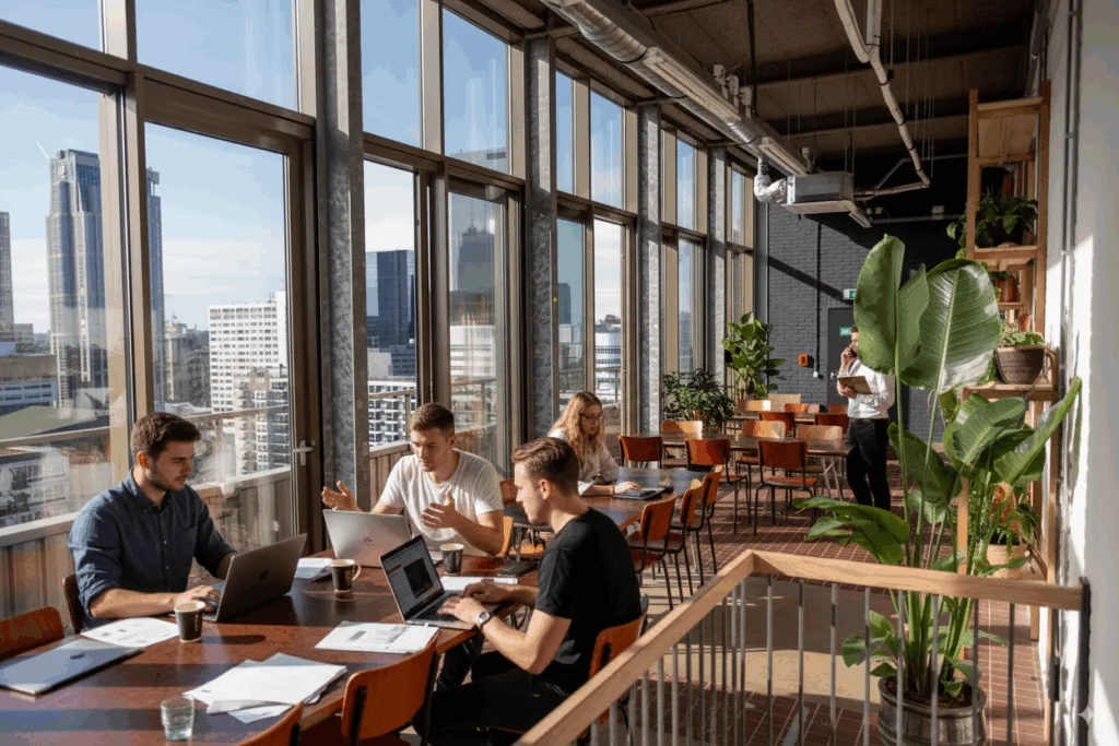 Professionals in gesprek in een moderne kantooromgeving